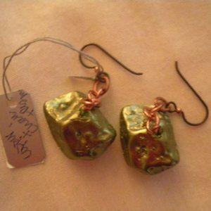 Earrings Copper Metallic + Sage Green Resin Artisan Made Pierced Earrings NWT